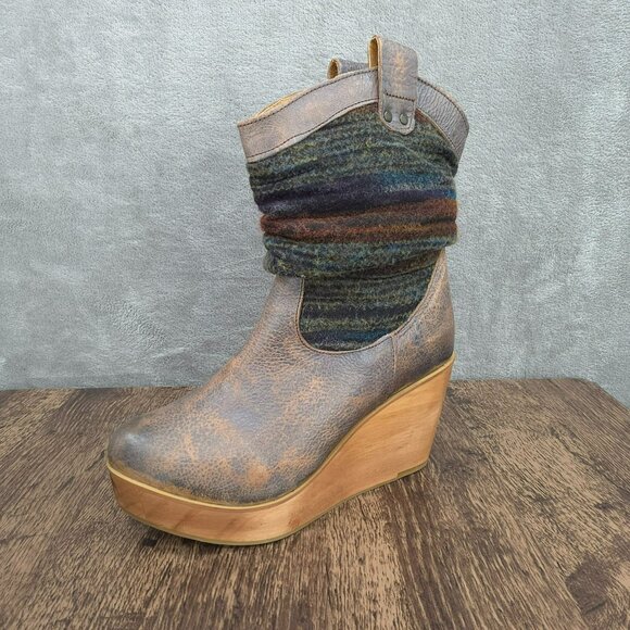 BedStu Bruges Platform Wedge Boots 8.5 Blue Red Multi Slouch Fabric Leather Wood - Picture 1 of 13